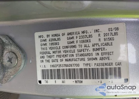 2008 Honda Accord 2.4 Lx из США, поврежденный, VIN 1HGCP25378A097700